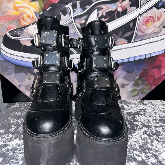 Demonia Black Chunky Platform Shoes with Thick Straps and High Sole - Picture 2 of 6